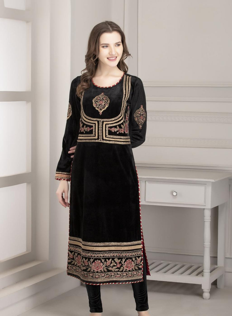 Pitch Black Velvet Stretch Kurti With ...